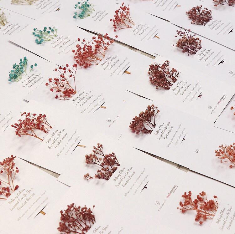 Dried flowers of different colours affixed to cards