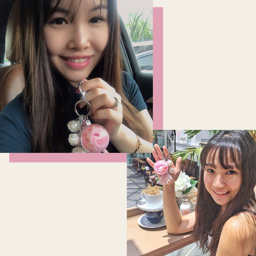 2 social media influencers holding bag charms with single pink rose 